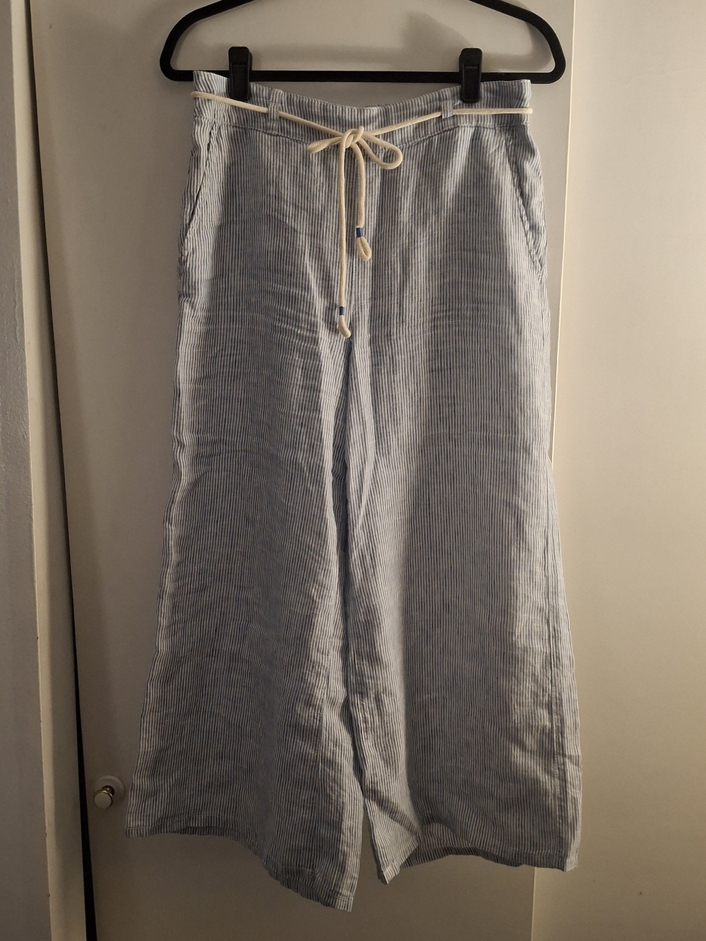 Tahari Light Blue Stripe Linen Wide-Leg Drawstring Women’s Pants
